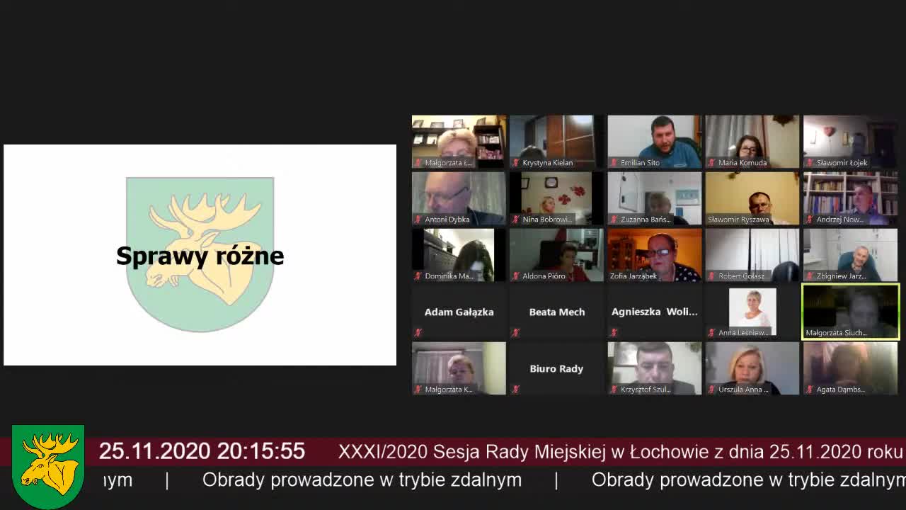 XXXI/2020 Zwyczajna Sesja Rady Miejskiej w Łochowie z dnia 25.11.2020 roku