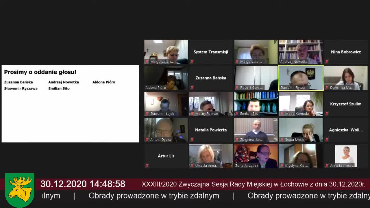 XXXIII/2020 Zwyczajna Sesja Rady Miejskiej w Łochowie z dnia 30.12.2020 roku