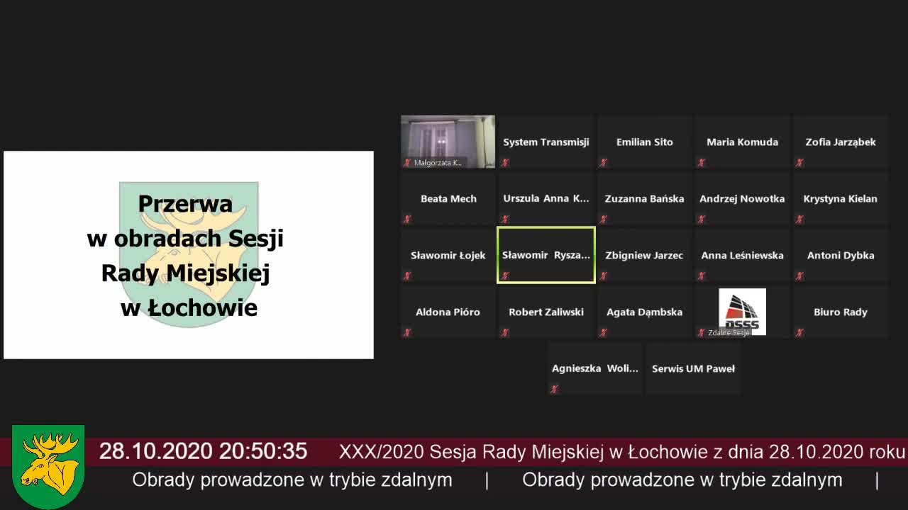XXX/2020 Zwyczajna Sesja Rady Miejskiej w Łochowie z dnia 28.10.2020 roku