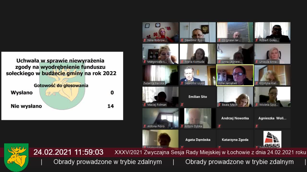 XXXV/2021 Zwyczajna Sesja Rady Miejskiej w Łochowie z dnia 24.02.2021 roku