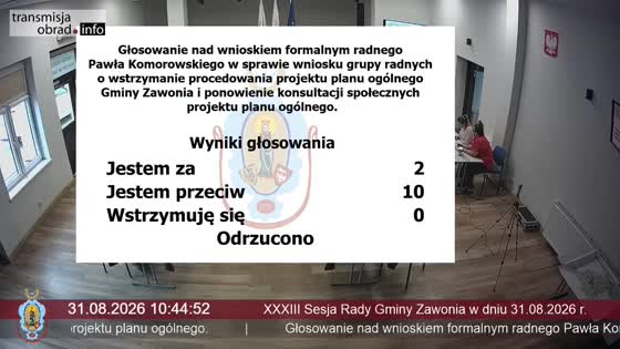 XXXIII Sesja Rady Gminy Zawonia w dniu 31.08.2026 r.